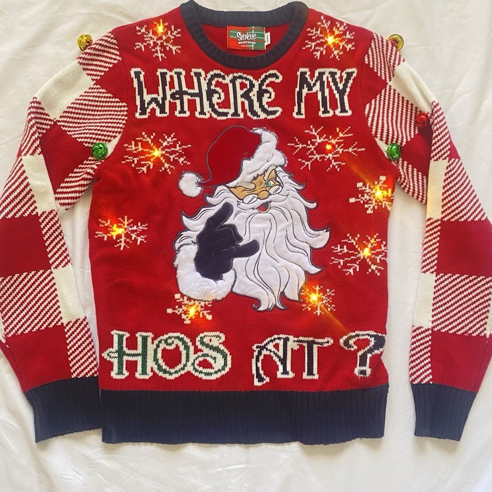 Spencers Light Up Ugly Christmas Sweater Where My Hos At Santa Mens Small